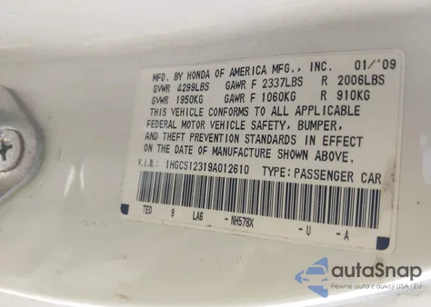 2009 Honda Accord 2.4 Lx-S из США, поврежденный, VIN 1HGCS12319A012610